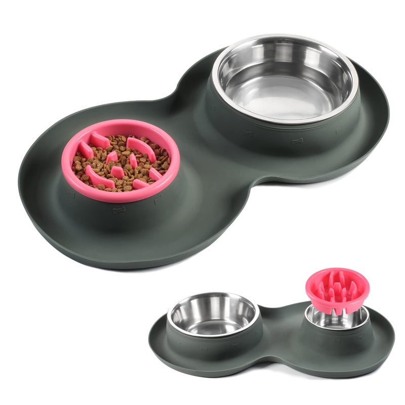 Yacee 100% Waterproof BPA Free Pet Dog Bowls2 Stainless Steelï¼ˆ53oz+27ozï¼‰ with 1.35â€œ Raised Edge Silicone Mat + Slow Feed Dog Water and Food Bowls for Feeding Small Large Dogs Cats Puppies (Gray) - Image 1